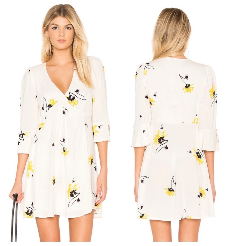 Free People White Mini Dress with Yellow Floral Design